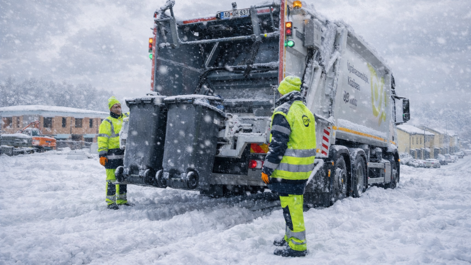 Kukásautó havas úton, két kukarakodóval